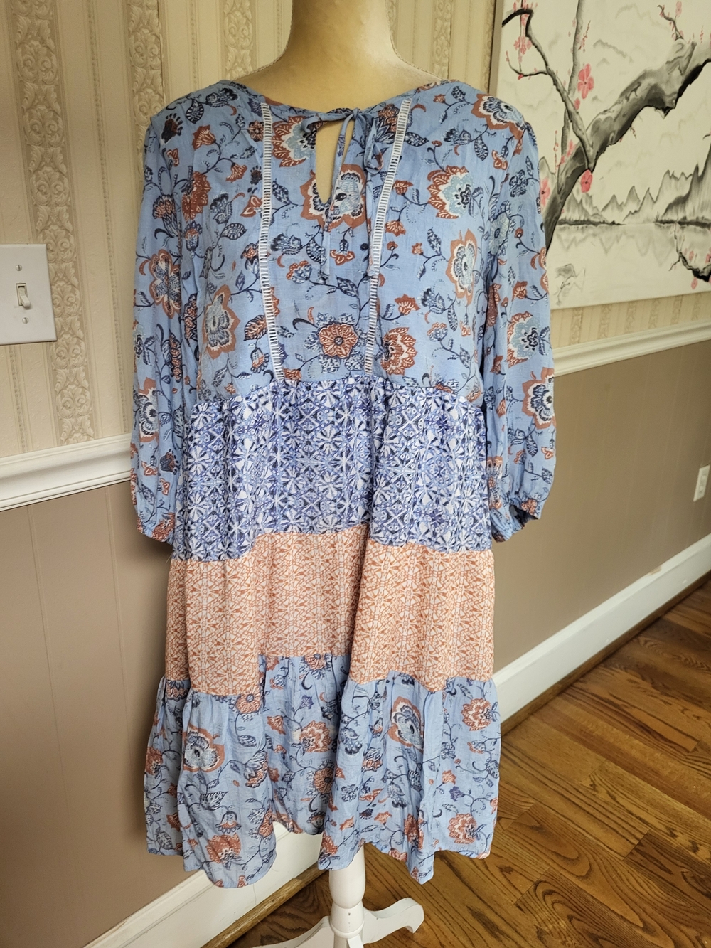 Boho Floral Tiered Casual Dress with Peach Accents, Large